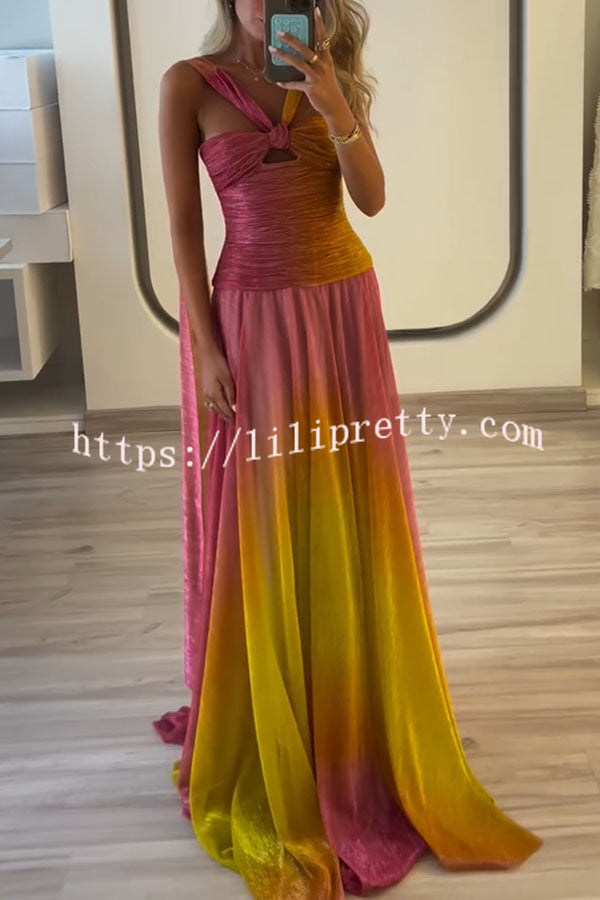 Vireya Metallic Fabric Gradient Print Ruched Cutout Halter Maxi Dress