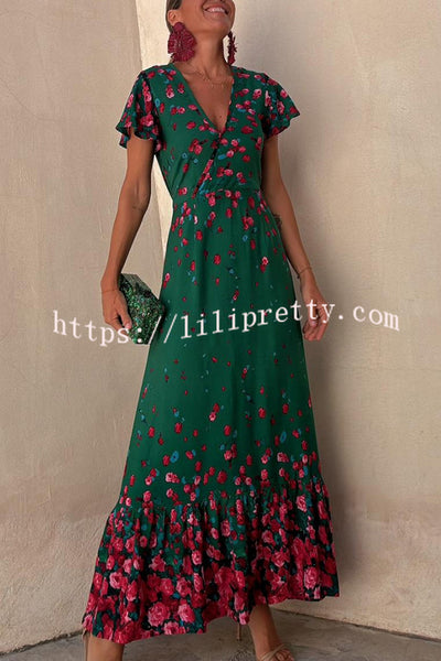 Lilipretty® Falling Flowers Printed Ruffle Sleeve Wrap Loose Maxi Dress