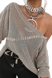 Solid Color Loose Long Sleeve Hollow Knit Cover-up Top