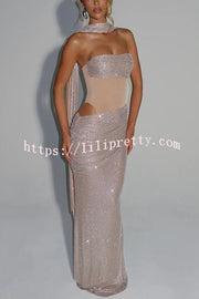 Kailani Sequin Strapless Mesh Cutout Waist Ruched Scarf Maxi Dress