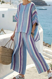 Striped Print Crew Neck Loose Top and Elastic Waist Casual Wide Leg Pants