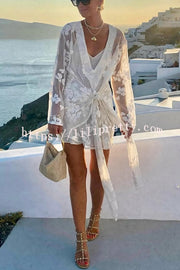 Beach Elegance Floral Lace Long Sleeve Wrap Tie-up Vacation Mini Dress