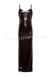 Dazzling Like Flowing Water Sequin V-neck Back Zipper Slit Maxi Dress