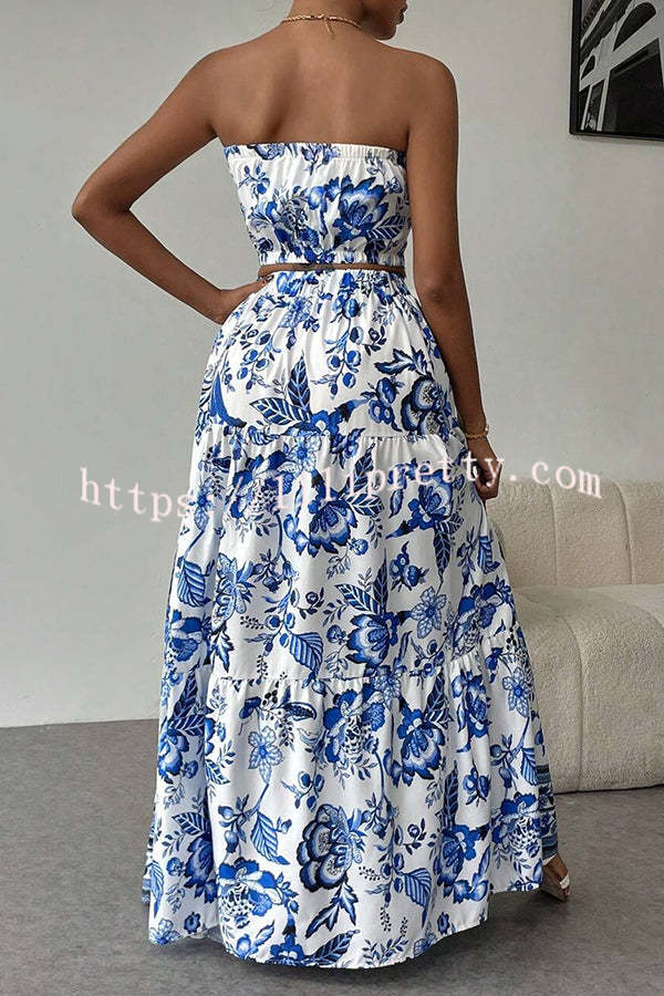 Floral Print Cutout Bandeau Top and Elastic Waist Full Maxi Skirt Set