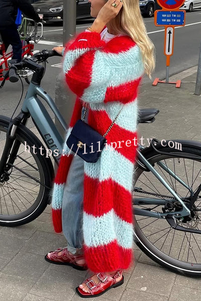 Fashionable Contrast Stripes Lazy Style Loose Long Knitted Cardigan