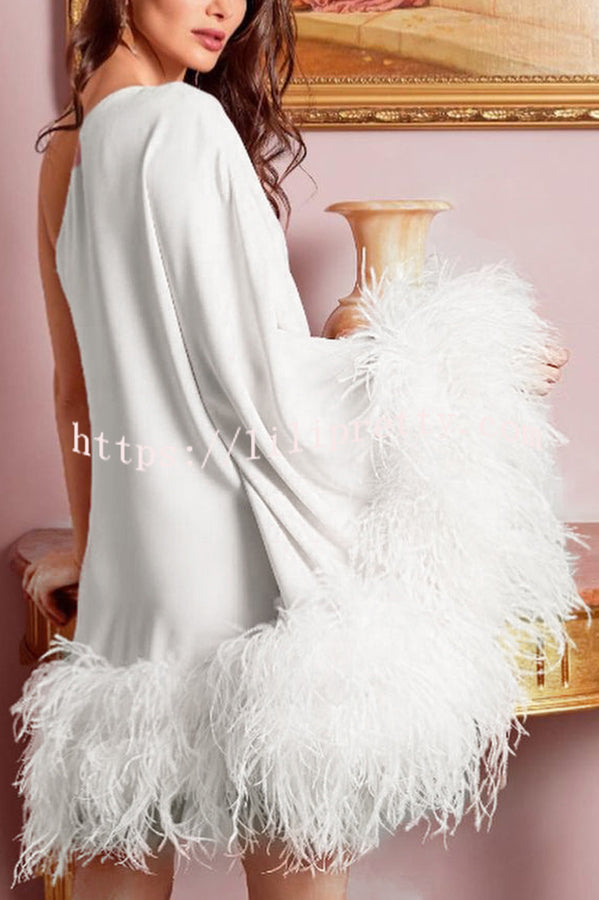 Lilipretty Vegas Living One Shoulder Feather Hem Party Mini Dress