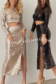 Solid Sequined Long-sleeved Crop Top and Sexy Slit Midi Skirt Set