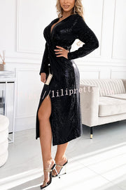 Coralia Sequin V-neck Long Sleeve Twist Waist Front Slit Midi Dress