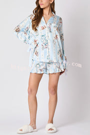 Christmas Fashion Printed Bow Tie Top and Elastic Waist Ruffle Shorts Set