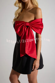 The Best Gift Satin Contrast Color Bow Detail Off Shoulder Mini Dress