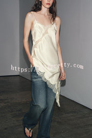 Satin Lace Trim V-neck Asymmetrical Hem Slip Mini Dress