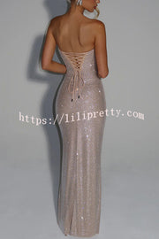 Mirabella Sequin Pleated Cowl Scooped Neckline Back Lace-up Strapless Maxi Dress