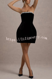 Effortlessly Elegant Velvet Jewel Embellished Trim Bandeau Mini Dress