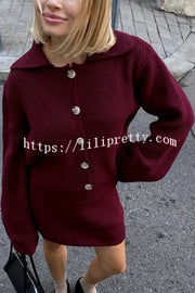 Fashion Lapel Bell Sleeve Knitted Cardigan and Casual Mini Skirt Set