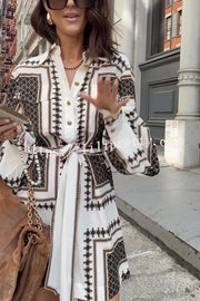 Hildie Unique Print Epaulettes Long Sleeve Flap Pockets Tie-up Waist Shirt Mini Dress