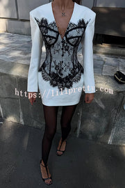 Saela Contrast Lace Corset Design V-neck Long Sleeve Tulip Mini Dress