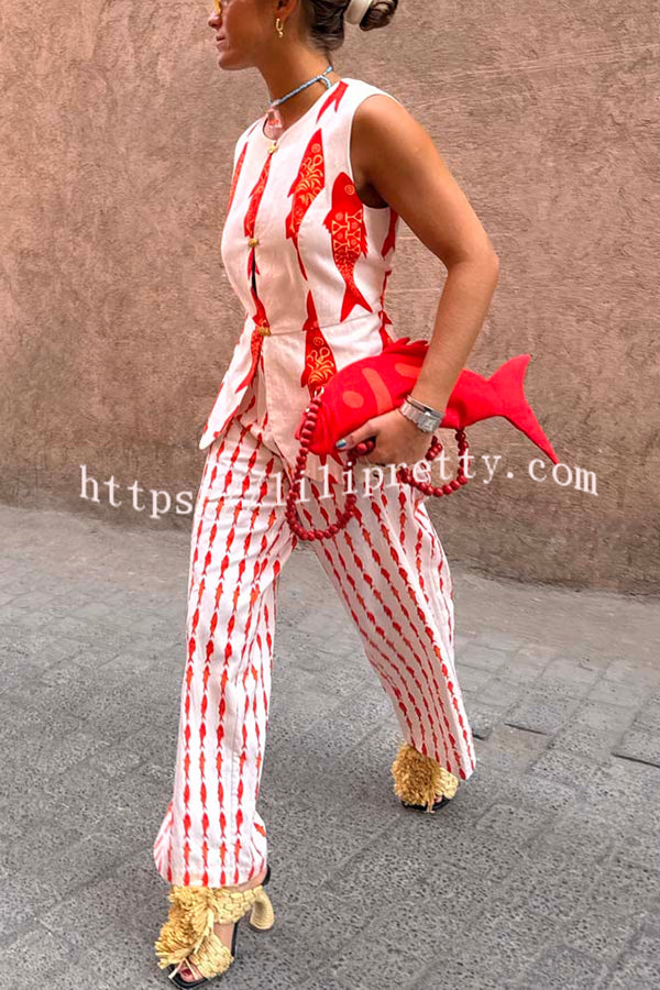 Good Luck Linen Blend Koi Pattern High Rise Elastic Waist Loose Pants