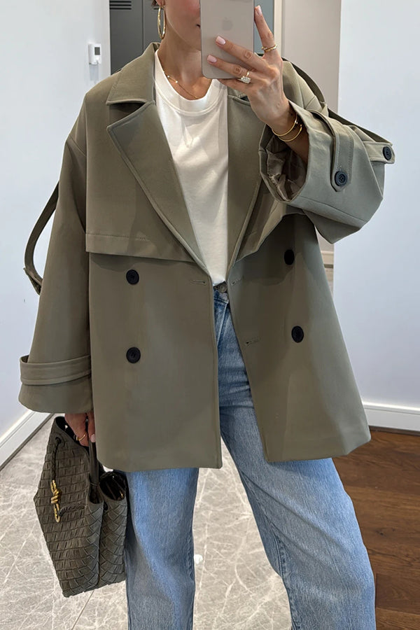 Modern Urban Dropped Shoulder Strap Button Detail Belted Lapel Loose Trench Coat