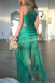 Dancing Miracle One Shoulder High Waist Hollow Design Tassel Hem Drape Mini Dress