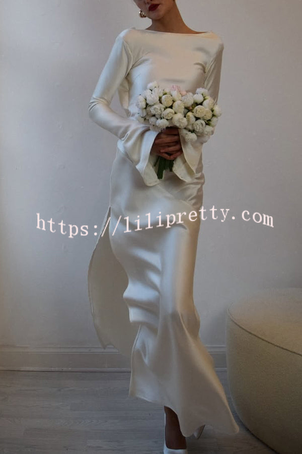 Satin Elegant Long-sleeved Open-back Slim-fit Slit Maxi Dress