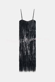 Chic Celebration Layered Sequined Tassels Slip Strapless H-line Midi Dress