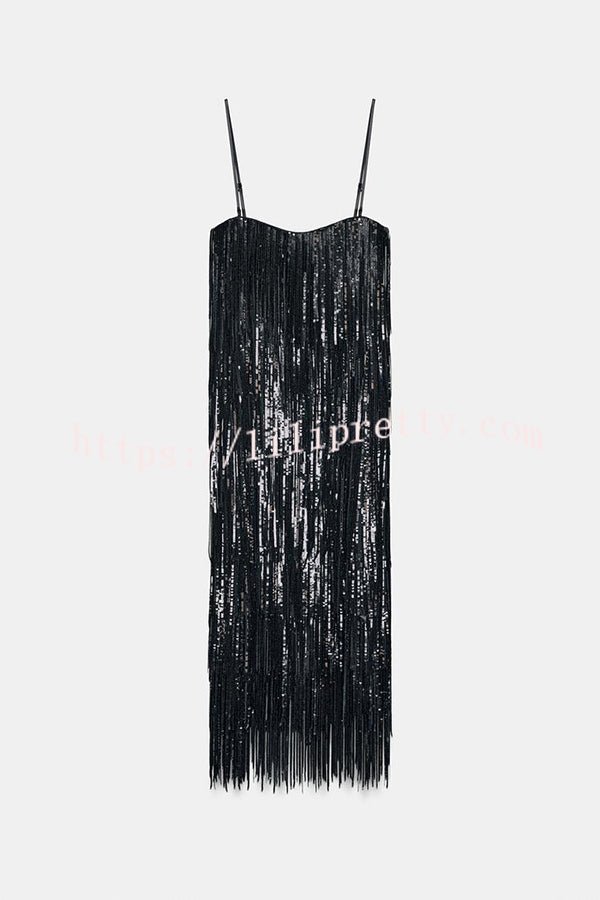 Chic Celebration Layered Sequined Tassels Slip Strapless H-line Midi Dress