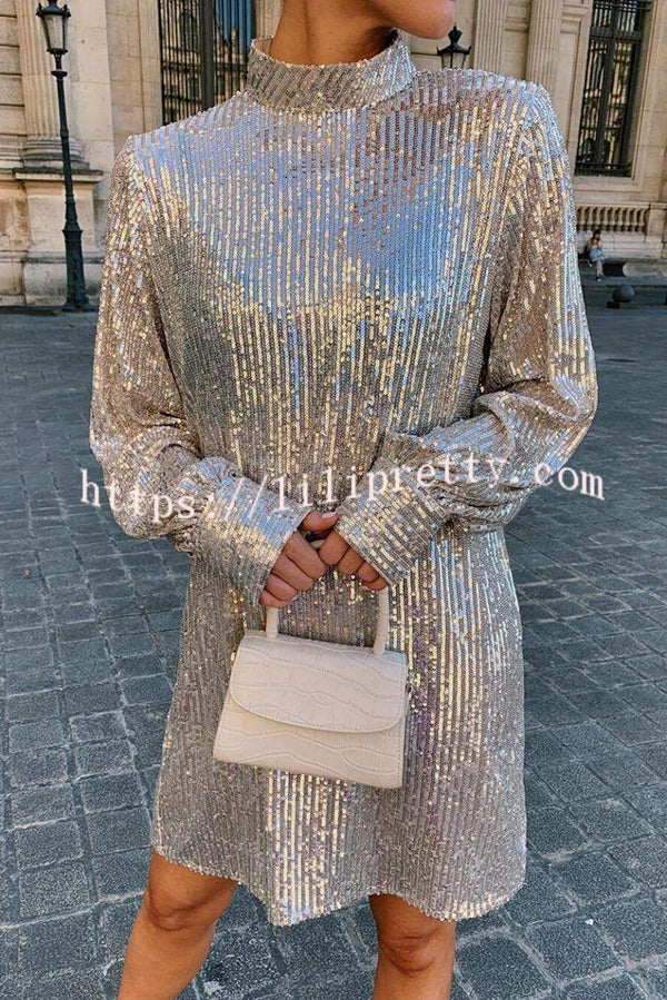 Fashionable Sequined Long-sleeved Belted Casual Mini Dress