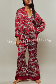 Unique Printed Lounge Long-sleeved Shirt and Elastic Waisted Baggy Pants Set