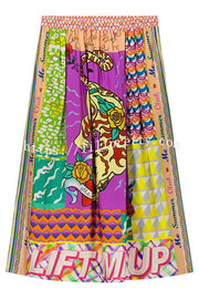 Boho Chic Satin Colorful Unique Print Elastic Waist Pocket Vacation Midi Skirt