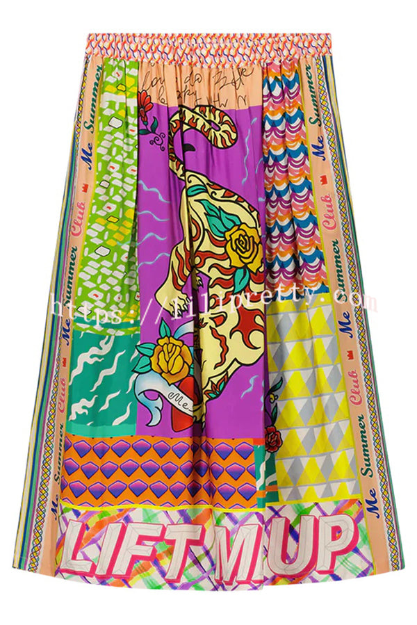 Boho Chic Satin Colorful Unique Print Elastic Waist Pocket Vacation Midi Skirt