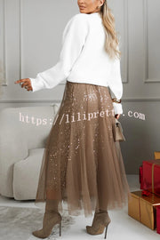 Party Daydream Sequin Tulle High Rise Elastic Waist Maxi Skirt