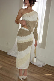 Soft Autumn Knit Colorblock High Rise Elastic Waistband Stretch Midi Skirt