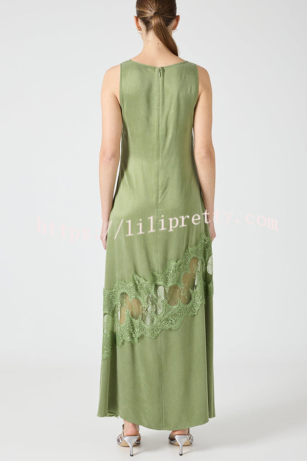 Pretty Soul Satin Lace Trim Wide Neck Irregular Hem Slit Maxi Dress