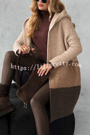 Fashionable Knit Patchwork Color Long-sleeved Hooded Loose Mid-length Cardigan