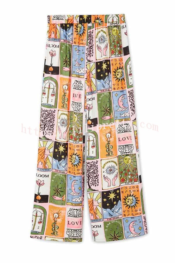 Lilipretty Whimsical Tarot Inspired Print Dolman Sleeve Flowy Shirt and Elastic Waist Wide Leg Pants Set