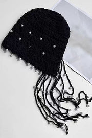 Solid Pearl Embellished Hollow Knit Hat