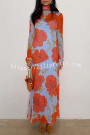 Perfect Cross-season Mesh Poppy Flower Print Long Sleeve Stretch Maxi Dress