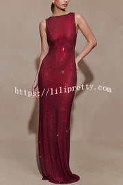 Holiday Nights Sequin Boat Neck Sleeveless Slit Maxi Dress