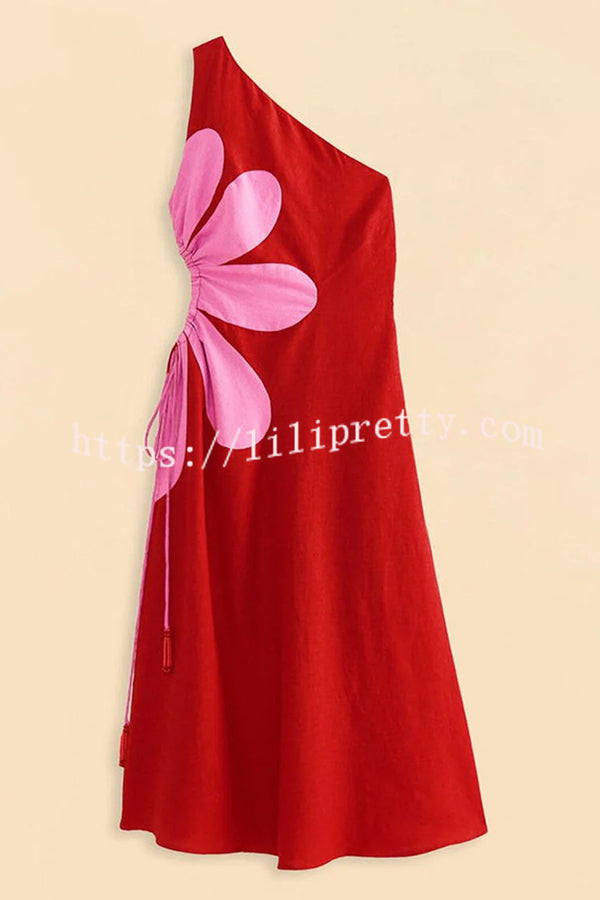 Evangeline Contrast Floral Print One Shoulder Cutout Lace-up Midi Dress