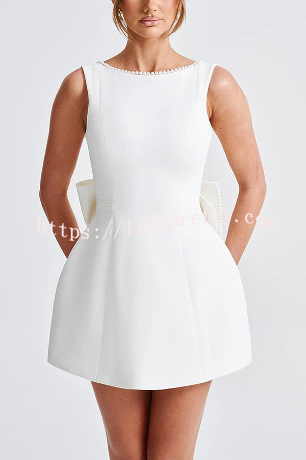 Stylish Pearl-embellished Large Bow Slim-fit Mini Dress