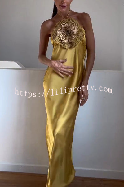 Fashionable Beaded Large Flower Decoration Halter Neck Backless Maxi Dress