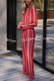 Tamia Knit Colorful Wave Unique Print Crop Top and Stretch Wide Leg Pants Set