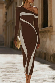 Stylish Color-blocked Long-sleeved Slim-fit Knit Maxi Dress