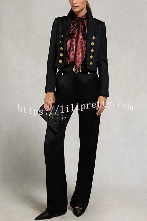 Ariella Metallic Satin Fabric Tie-up Bow Neck Long Sleeve Blouse