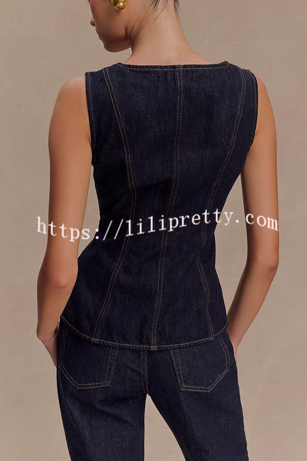 Stassi Denim Square Neck Unique Button Up Princess Seams Vest Top