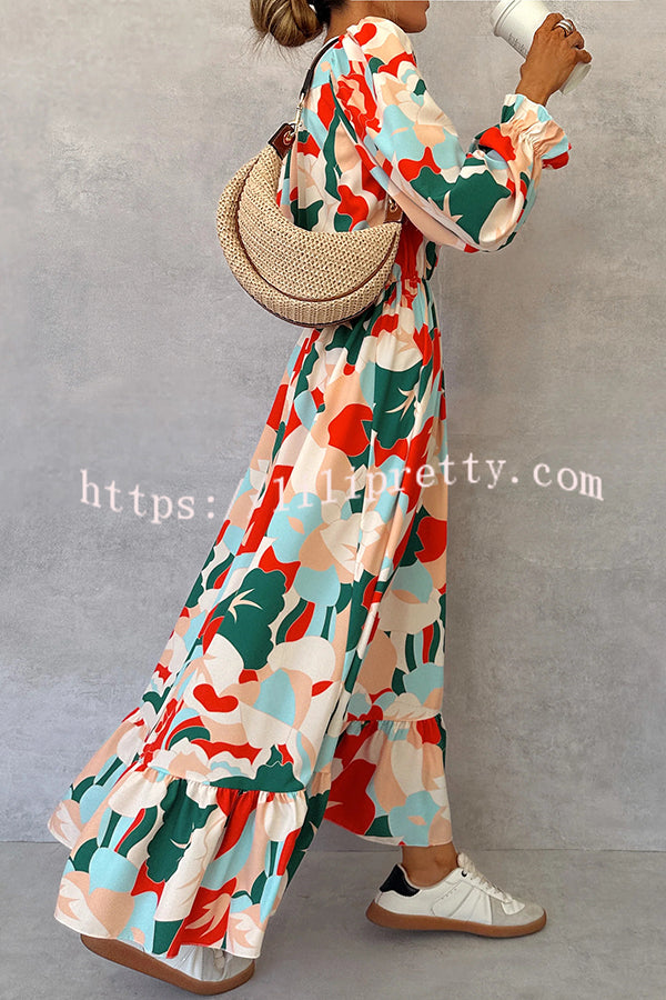 Colorful Printed V-neck Waist High Slit Ruffled Maxi Dress