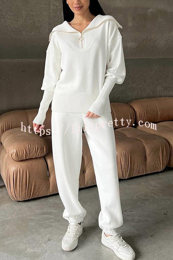 Solid Color Long-sleeved Zip-up Sweatshirt and Elastic Waist Loose Pocket Pants Set