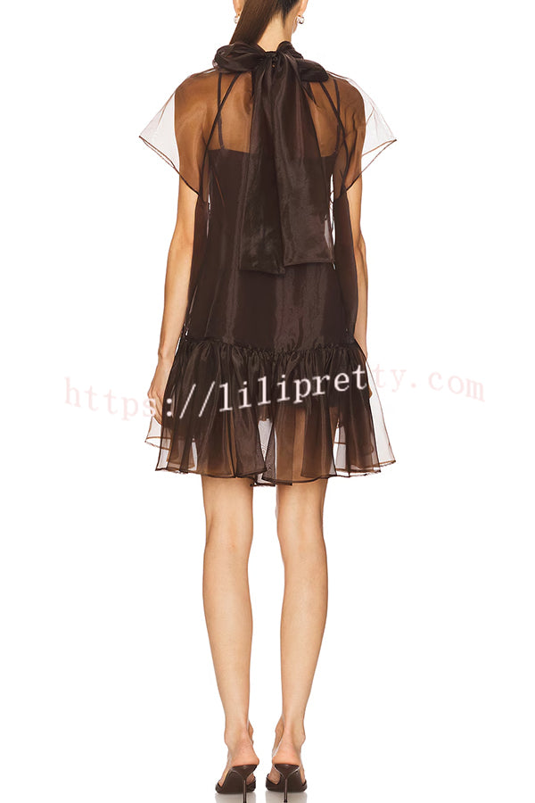 Cocktail Attire Sheer Organza Wide Sleeve Back Bow Layered A-line Mini Dress