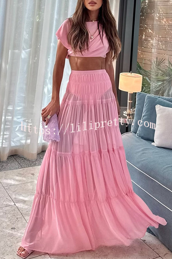 Stunning Chiffon Ruched Shoulder Short Sleeve Crop Top