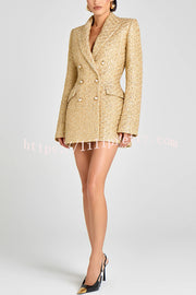 Heels Click Tweed Fabric Pearl Button Long Sleeve Lapel Blazer Mini Dress